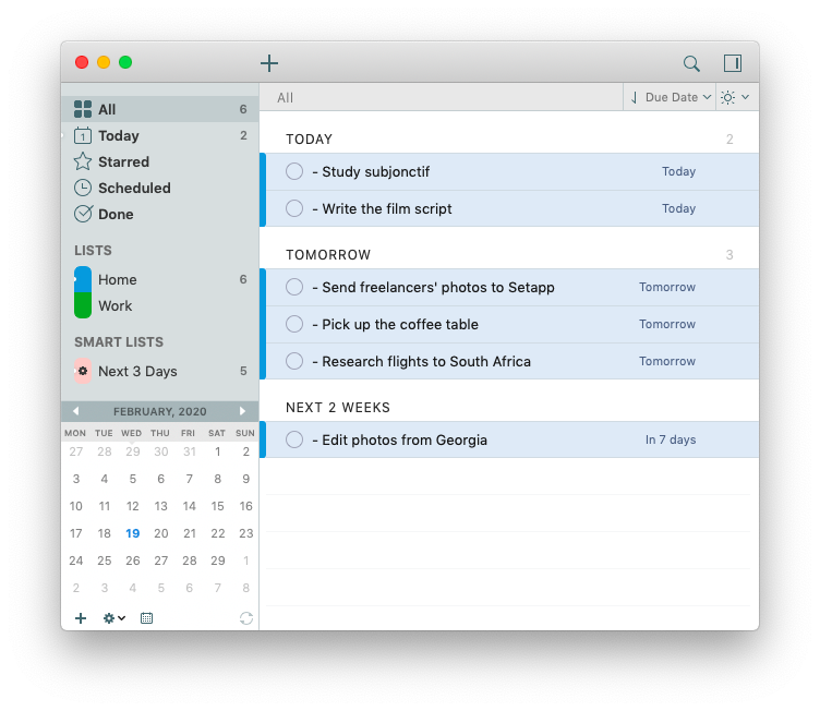 List of tasks, plus navigation sidebar and calendar